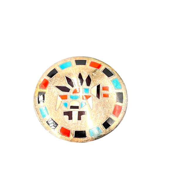 Hesser Lanyate Sterling Zuni Inlay
Rainbow Dancer Turquoise Coral Brooch Pendant - Picture 2 of 8